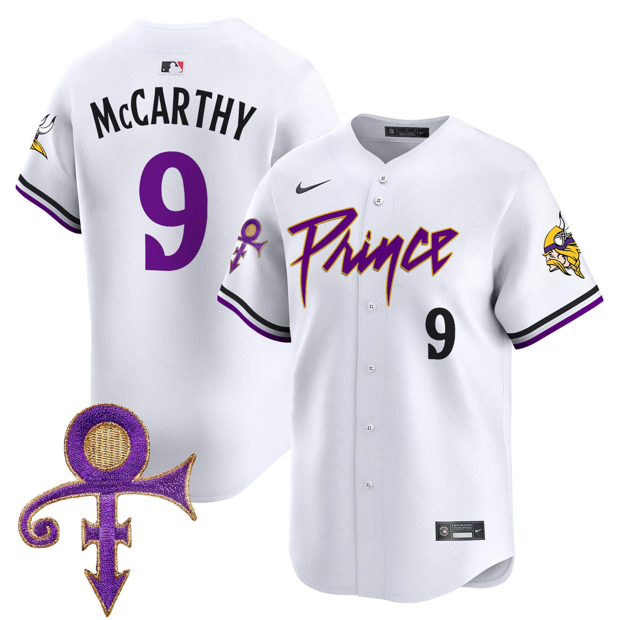 Men Minnesota Vikings 9 Mccarthy White 2024 Nike Prince Patch Vapor Premier Limited NFL Jersey